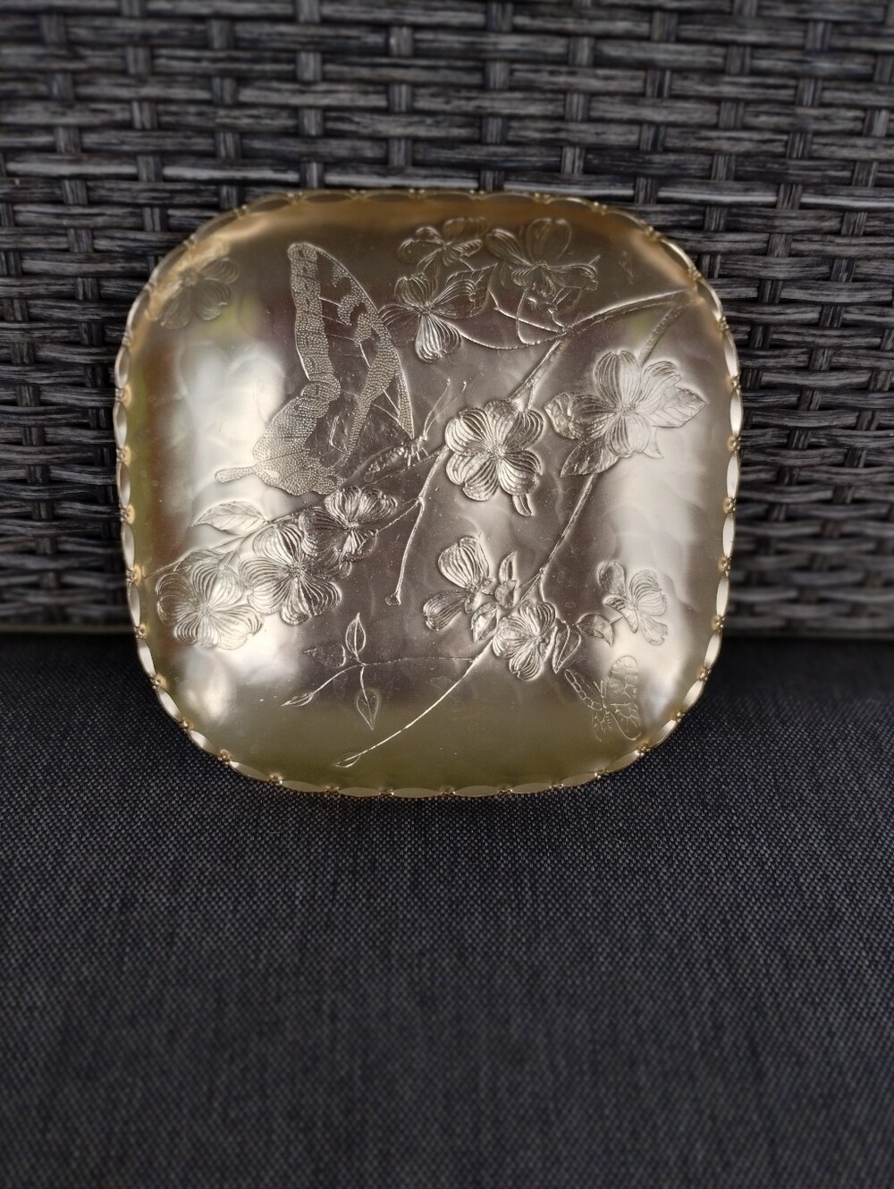Vintage Arthur Armour Gold Anodized Aluminum Butterfly Dogwood Dish 8"